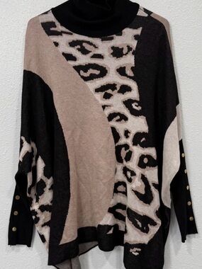 Joseph A. Turtleneck Abstract Leopard Print Sweater - Black & Beige